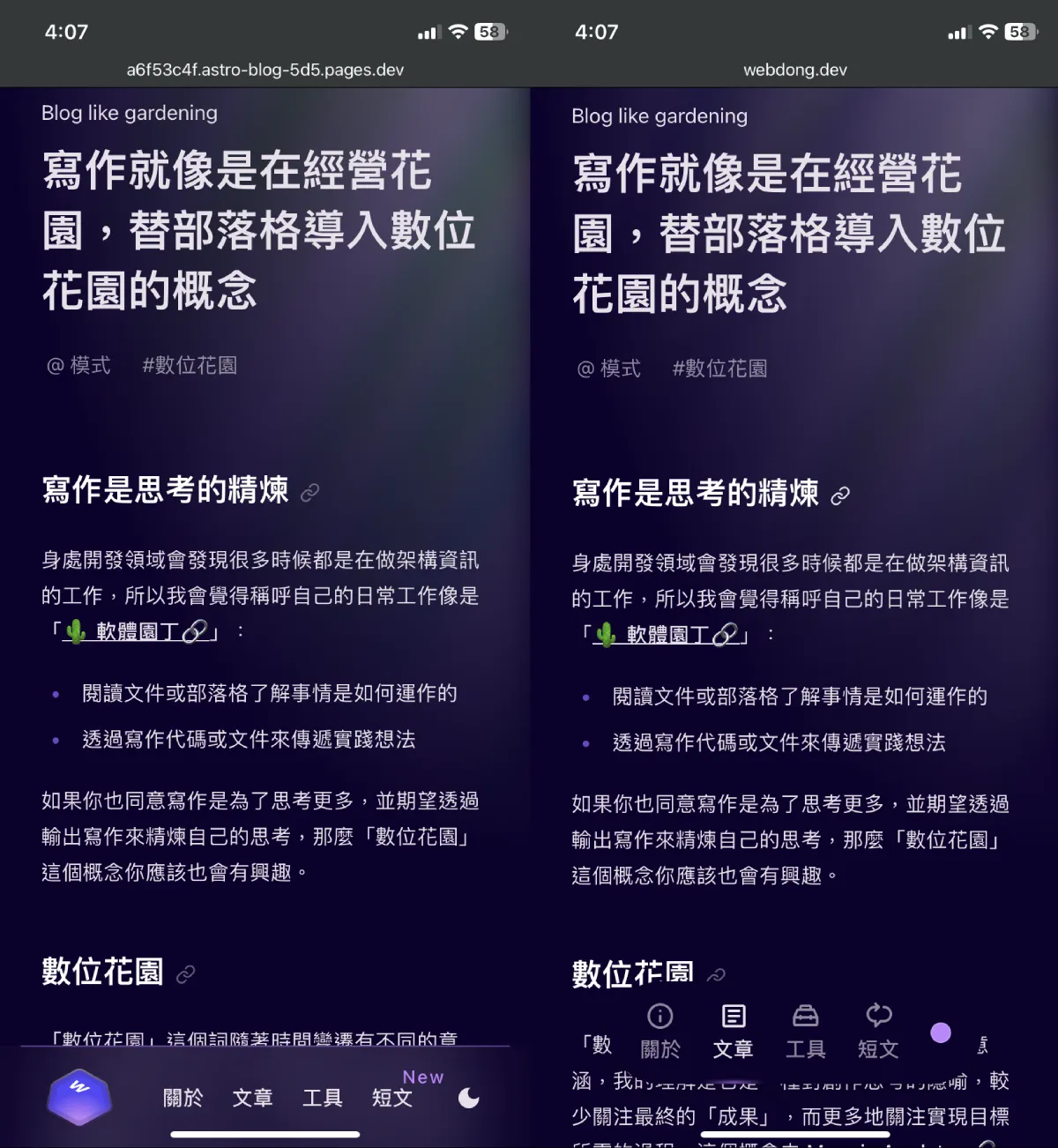 Webdong 新旧网站于 iPhone 上的比较图